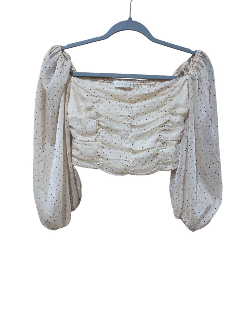 Title:
O. Vianca Cream Polka Dot Ruched Crop Top Puff Sleeve Size S